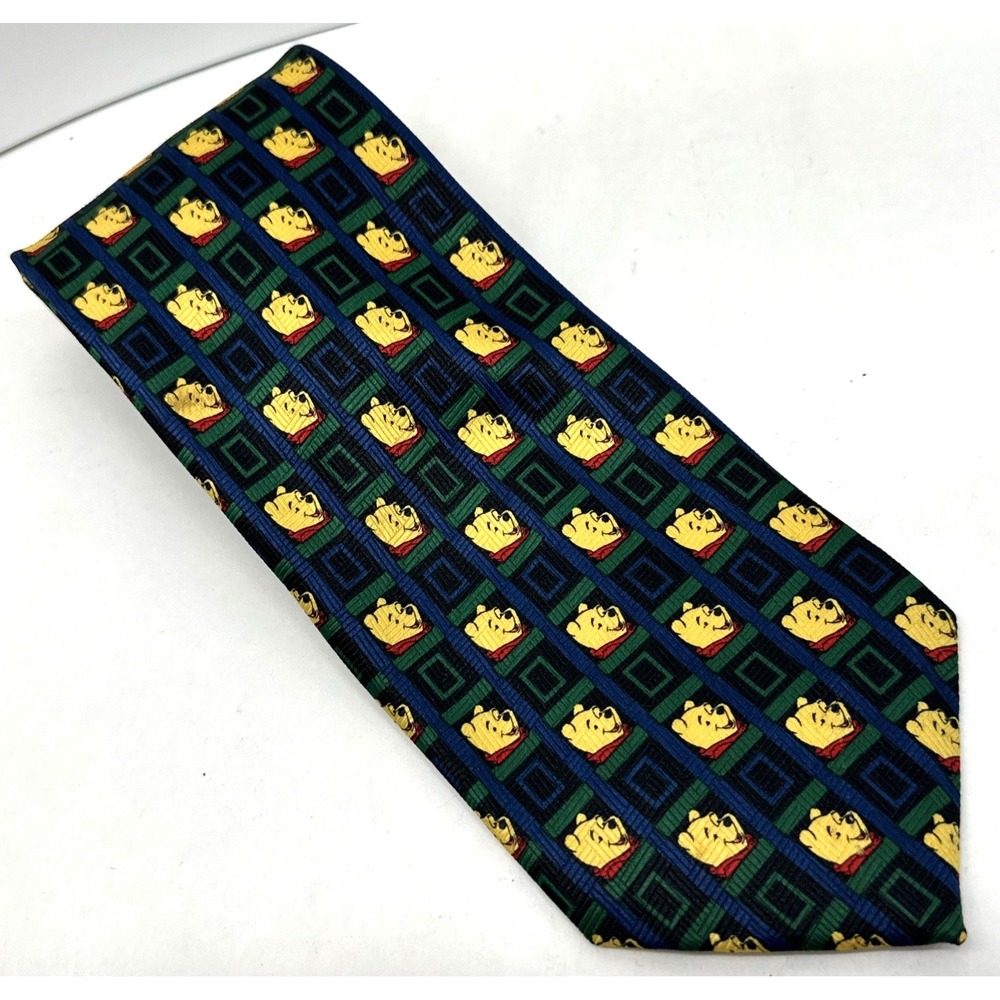 Disney Winnie the Pooh Necktie Plaid Grid Blue Green Neck Tie Novelty Cartoon
